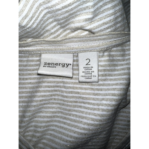 Zenergy CHICO'S Top Size L (2) Ivory Gold Striped 3/4 Sleeve Lace Front Shirt - Picture 6 of 6